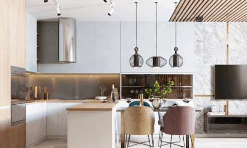 Modern kitchen featuring wooden accents and elegant marble walls, creating a stylish and contemporary atmosphere.